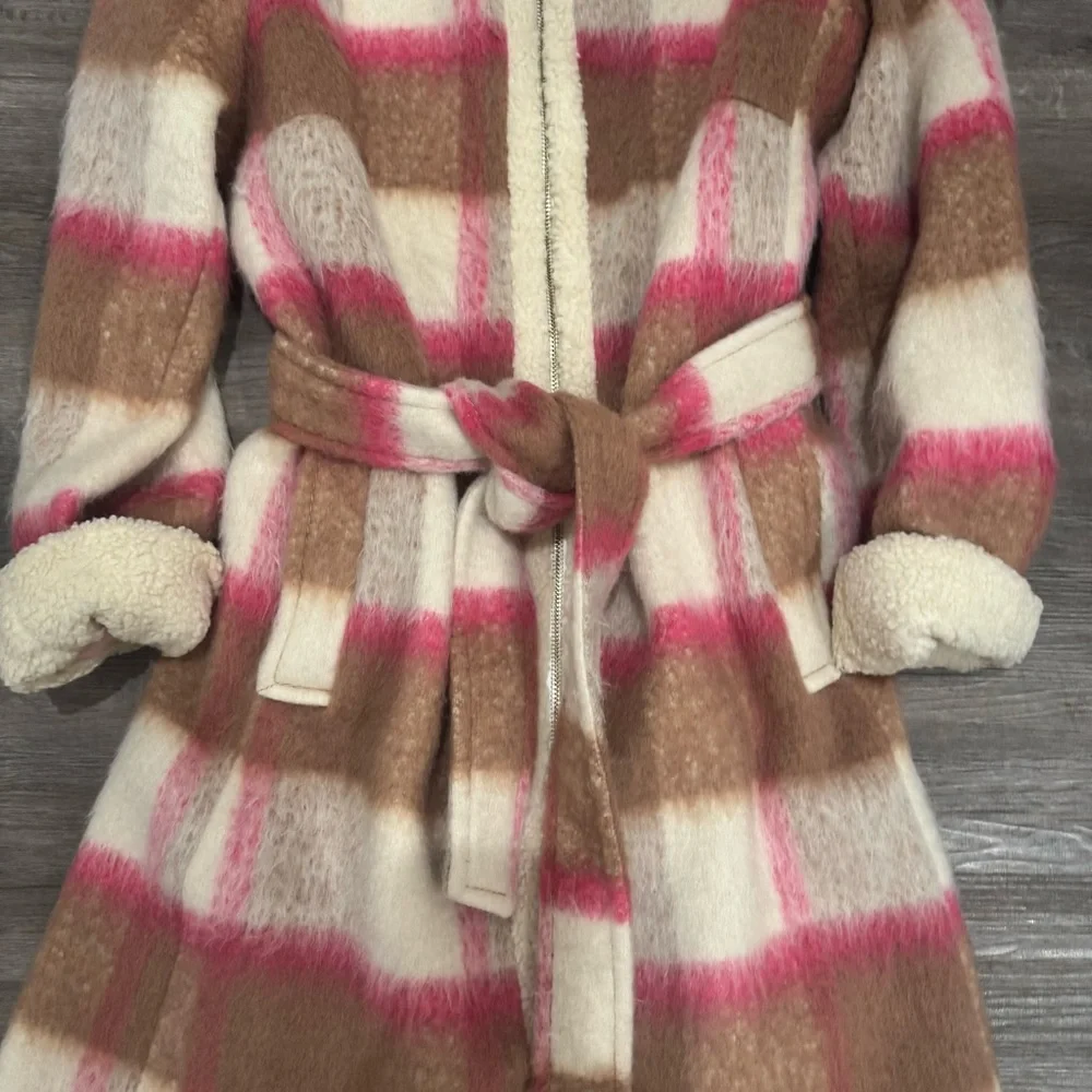 Kate Spade Belted Maxi Wool with Sherpa Detail Buffalo Plaid Coat